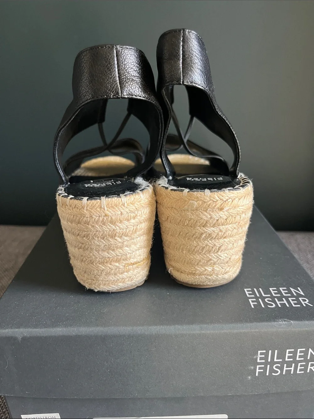 Eileen Fisher Black Leather Espadrille Slingback Wedges